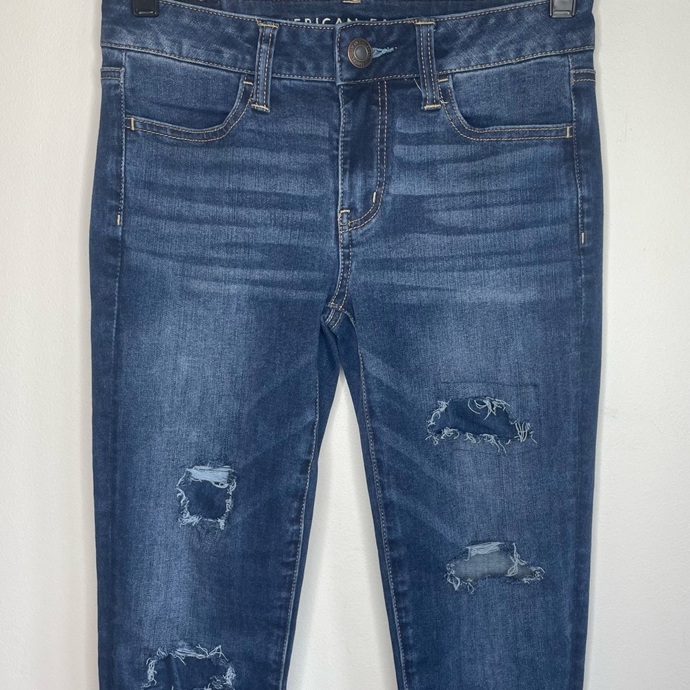 American Eagle Dark Wash Solid Blue Distressed Hi… - image 3